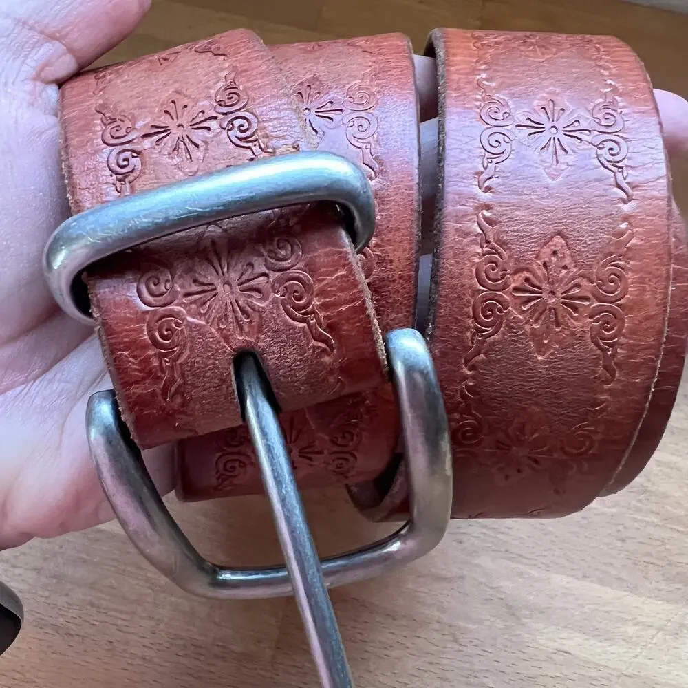 Fossil Genuine Leather Tooled Brown Belt Floral Western Boho Size S